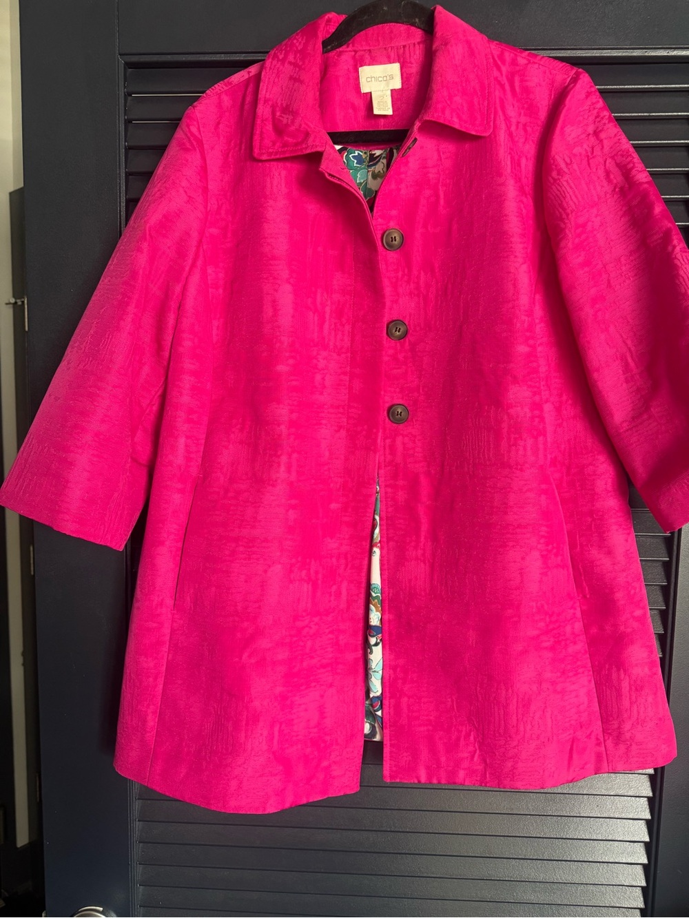 Chico’s Hot Pink Fuchsia Textured Car Coat Jacket Size 2 L